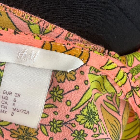 H&M Size 8 V Neck Sleeveless Tie Strap Zip Back Orange Green Gold Shorts Romper - Picture 11 of 12